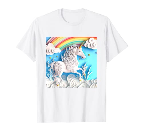 Beautiful Unicorn Rainbow Puffy Clouds Paper Art Quilling T-Shirt