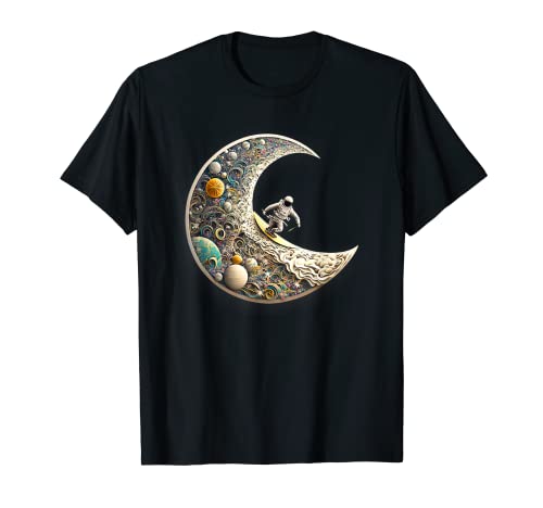 Astronaut Surfing Crescent Moon Space Fantasy Paper Quilling T-Shirt