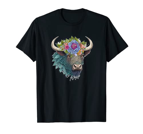 Wild Animal Buffalo Head Boho Flower Crown Paper Quilling T-Shirt