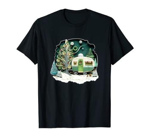 Christmas Camper Vintage Trailer Snowing Paper Art Quilling T-Shirt