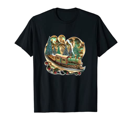 Toy Christmas Steam Train Whimsical Magical Paper Quilling T-Shirt