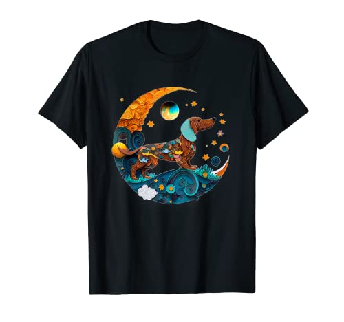 Fantasy Dachshund Dog Cute Crescent Moon Paper Quilling T-Shirt