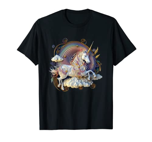 Whimsical Unicorn Rainbow Puffy Clouds Paper Art Quilling T-Shirt