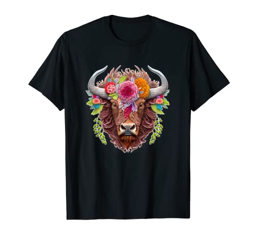 Wild Animal Buffalo Head Flower Crown Horns Paper Quilling T-Shirt