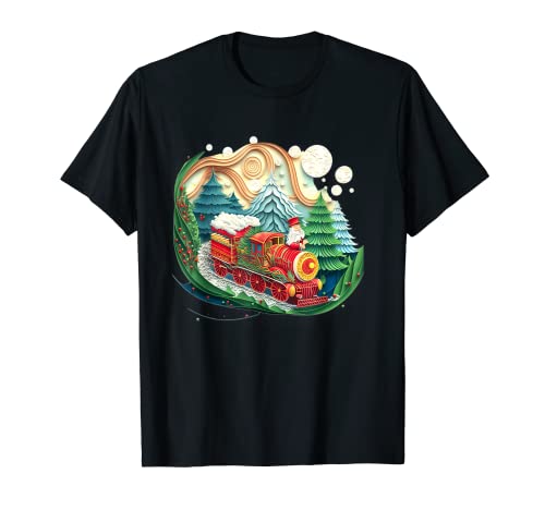 Christmas Train Santa Clause Retro Vintage Paper Quilling T-Shirt