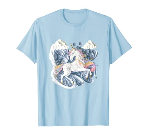 Unicorn Standing Rainbow Puffy Clouds Sky Paper Art Quilling T-Shirt