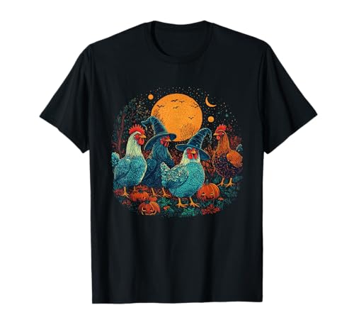 Spooky Witch Chickens Halloween Farmyard Pumpkin Moon Art T-Shirt