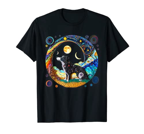 Fantasy Border Collie Dog Cute Moon Phases Paper Quilling T-Shirt