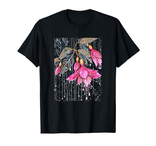 Delicate Fuchsia Blossom Batik Botanical Floral Rain Artwork T-Shirt