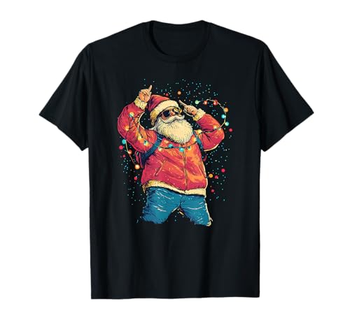 Retro Futuristic Dabbing Santa Claus Christmas Lights Funny T-Shirt