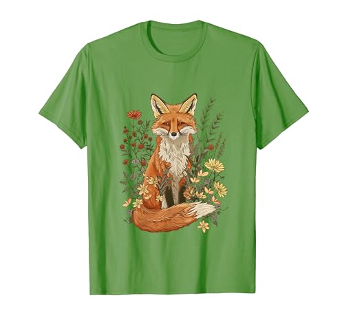 Fox Cottagecore Aesthetic Floral Art Woodland Animal Nature T-Shirt