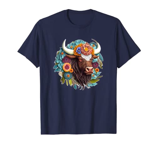 Buffalo Head Portrait Boho Flower Crown Horns Paper Quilling T-Shirt