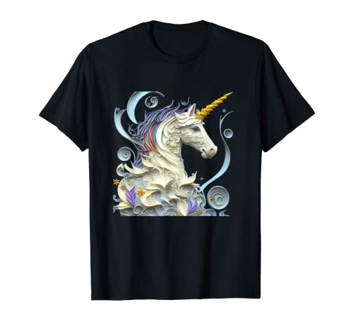 Cute Unicorn Portrait Rainbow Hair Paper Art Quilling Magic T-Shirt