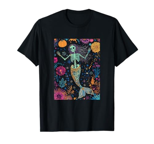 Whimsical Skeleton Mermaid Underwater Halloween Fantasy Art T-Shirt